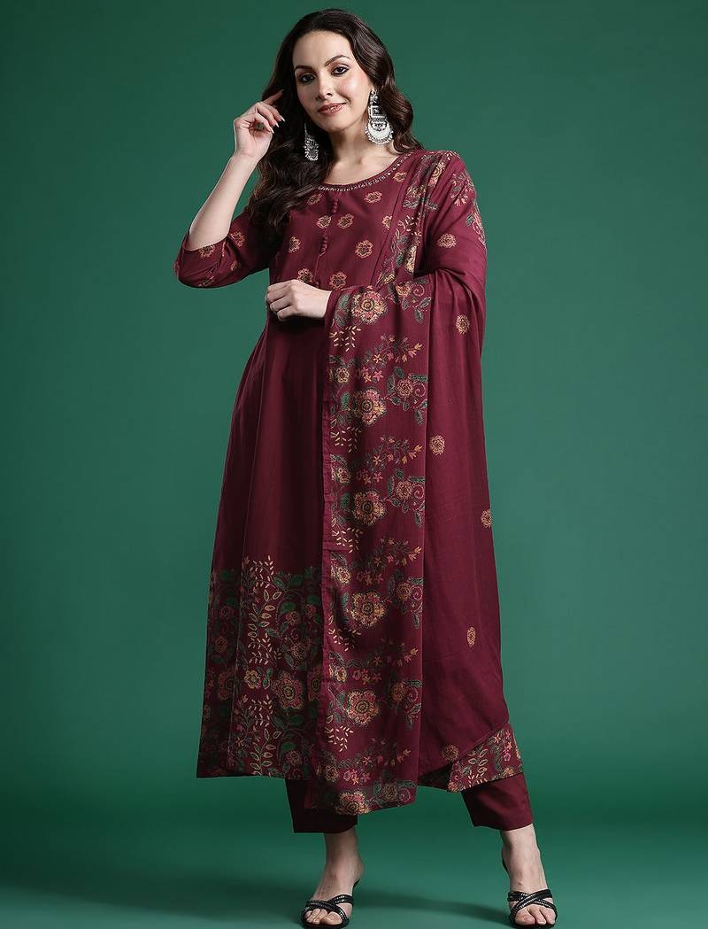 Floral Printed Pure Cotton Kurta with Trousers & Dupatta
