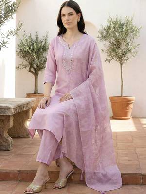 Women Regular Mirror Work Liva Kurta with Trousers & With Dupatta 1
