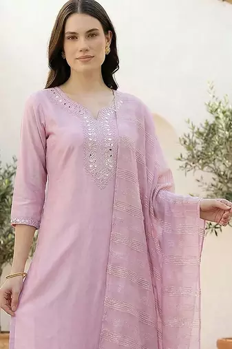 Women Regular Mirror Work Liva Kurta with Trousers & With Dupatta