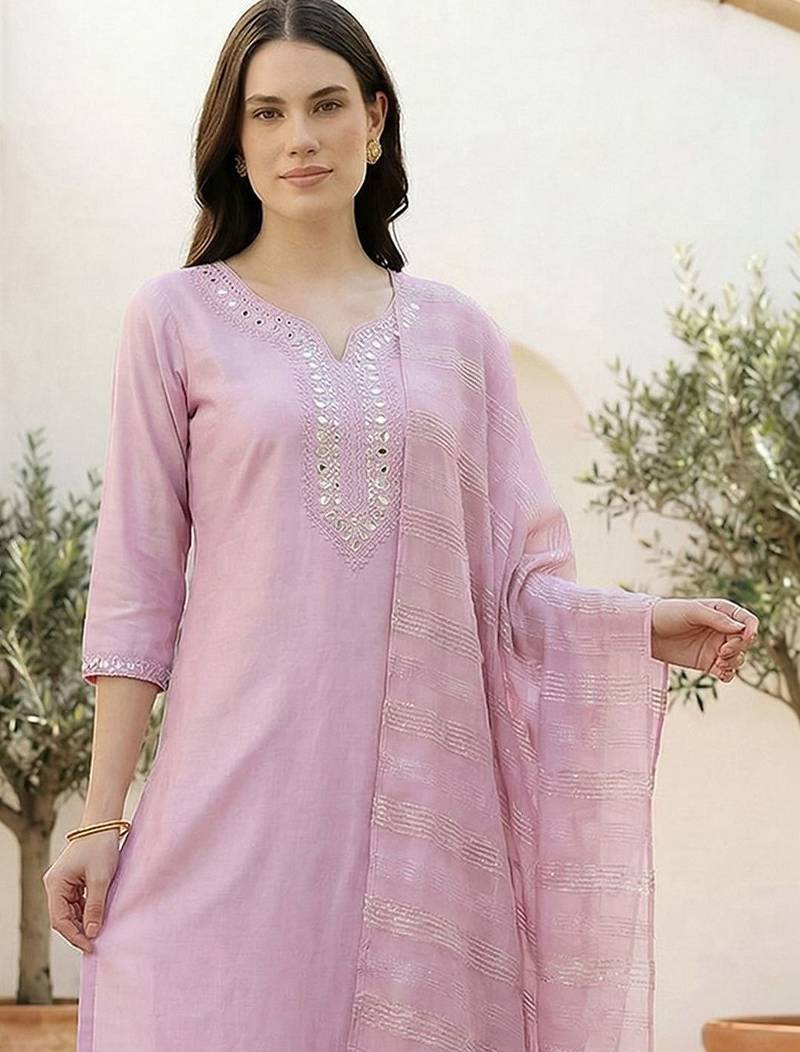 Women Regular Mirror Work Liva Kurta with Trousers & With Dupatta