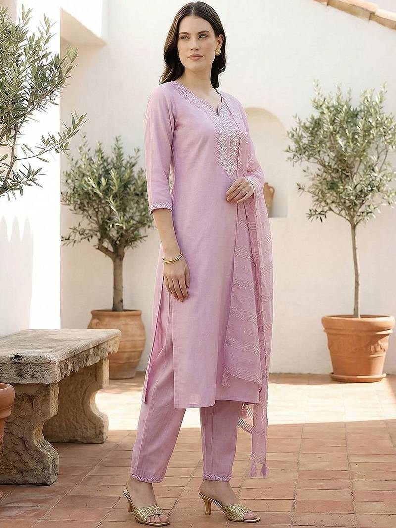 Women Regular Mirror Work Liva Kurta with Trousers & With Dupatta