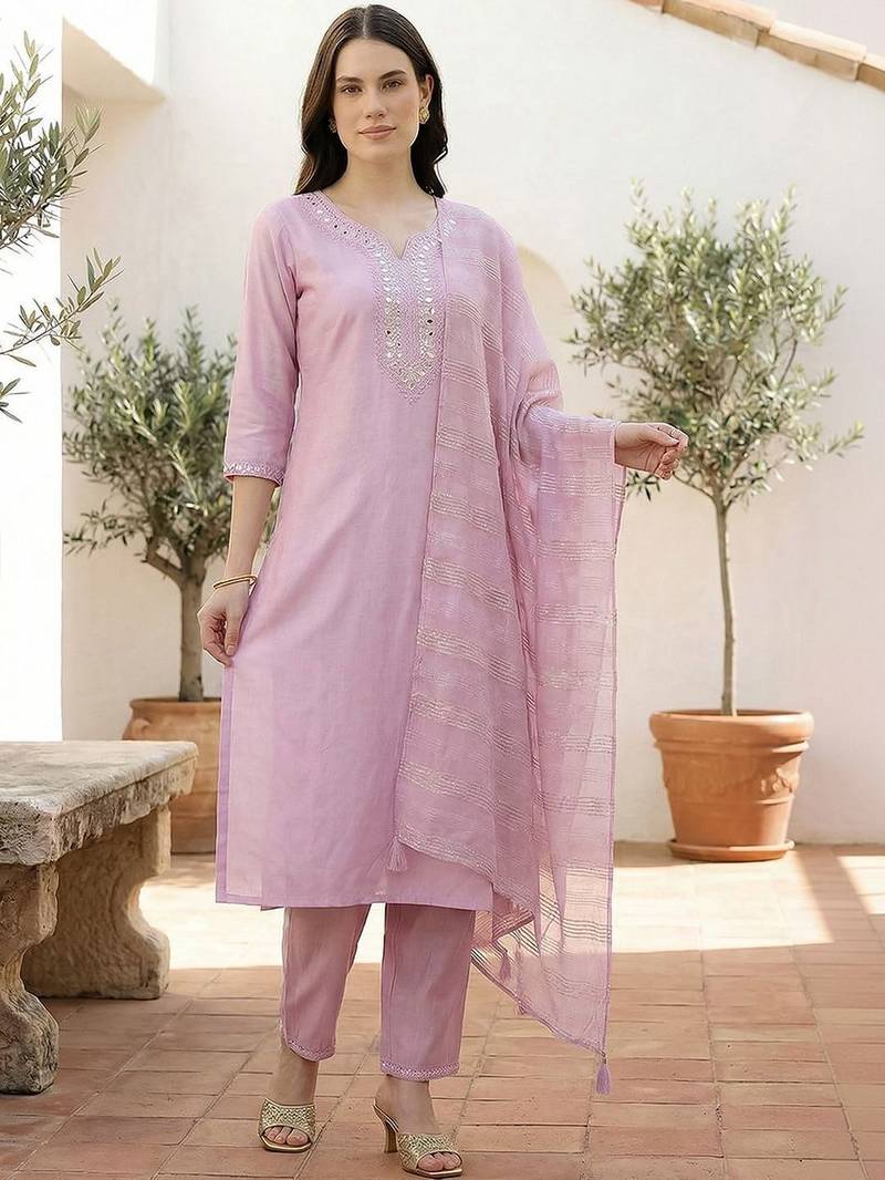 Women Regular Mirror Work Liva Kurta with Trousers & With Dupatta