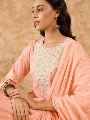 Floral Printed Straight Mirror Work Kurta with Trousers & Dupatta 1
