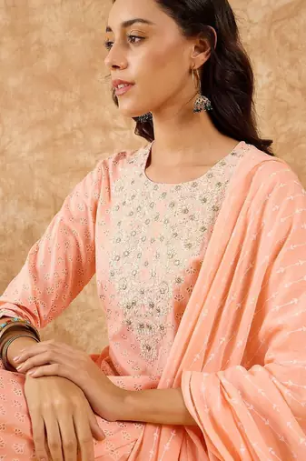 Floral Printed Straight Mirror Work Kurta with Trousers & Dupatta