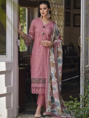 Floral Printed Thread Work Linen Kurta Set 1