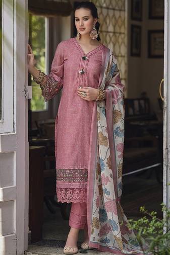 Floral Printed Thread Work Linen Kurta Set