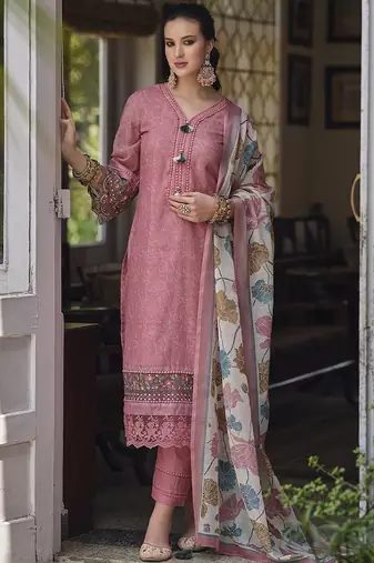 Floral Printed Thread Work Linen Kurta Set