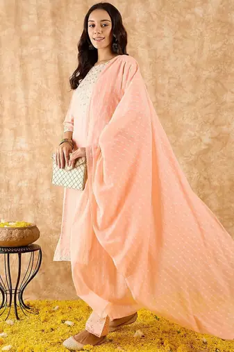 Floral Printed Straight Mirror Work Kurta with Trousers & Dupatta