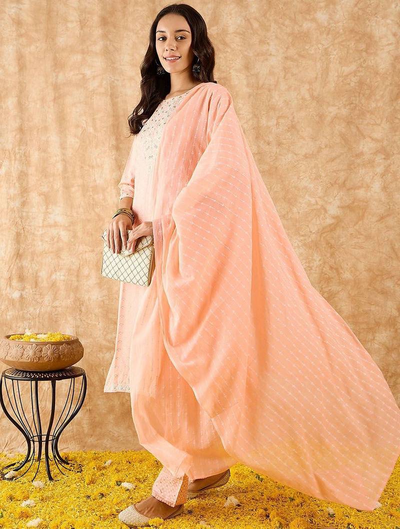 Floral Printed Straight Mirror Work Kurta with Trousers & Dupatta