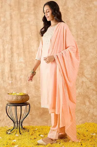 Floral Printed Straight Mirror Work Kurta with Trousers & Dupatta