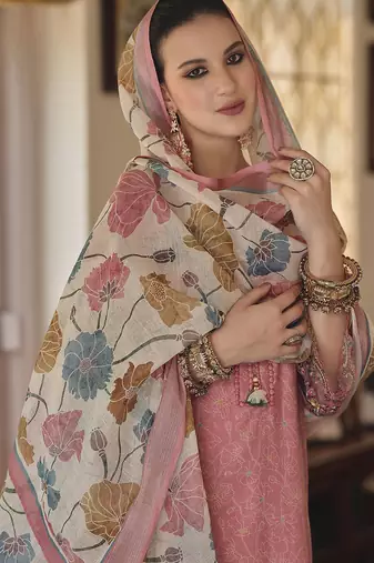 Floral Printed Thread Work Linen Kurta Set