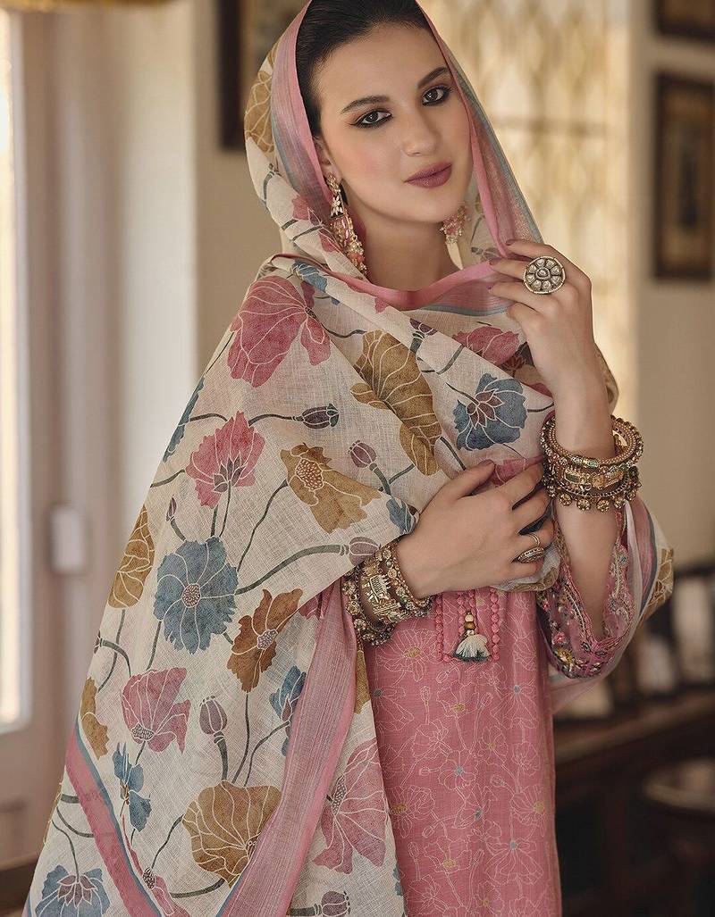 Floral Printed Thread Work Linen Kurta Set
