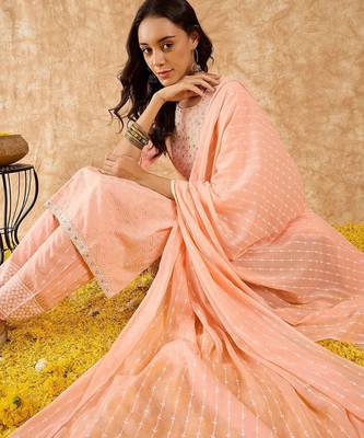 Floral Printed Straight Mirror Work Kurta with Trousers & Dupatta 7
