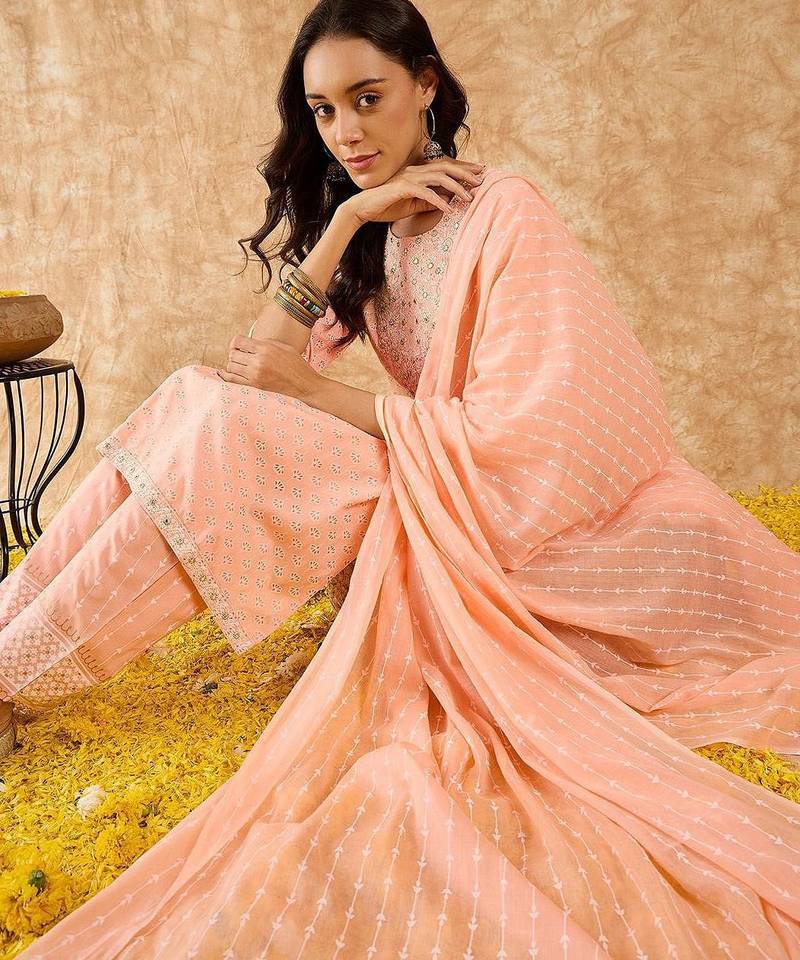Floral Printed Straight Mirror Work Kurta with Trousers & Dupatta