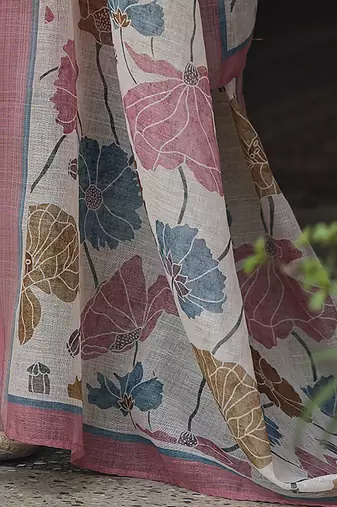 Floral Printed Thread Work Linen Kurta Set