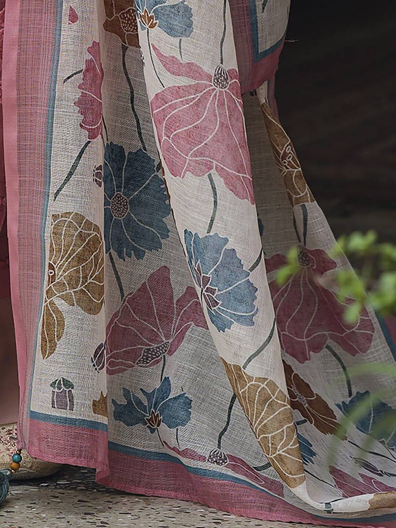 Floral Printed Thread Work Linen Kurta Set
