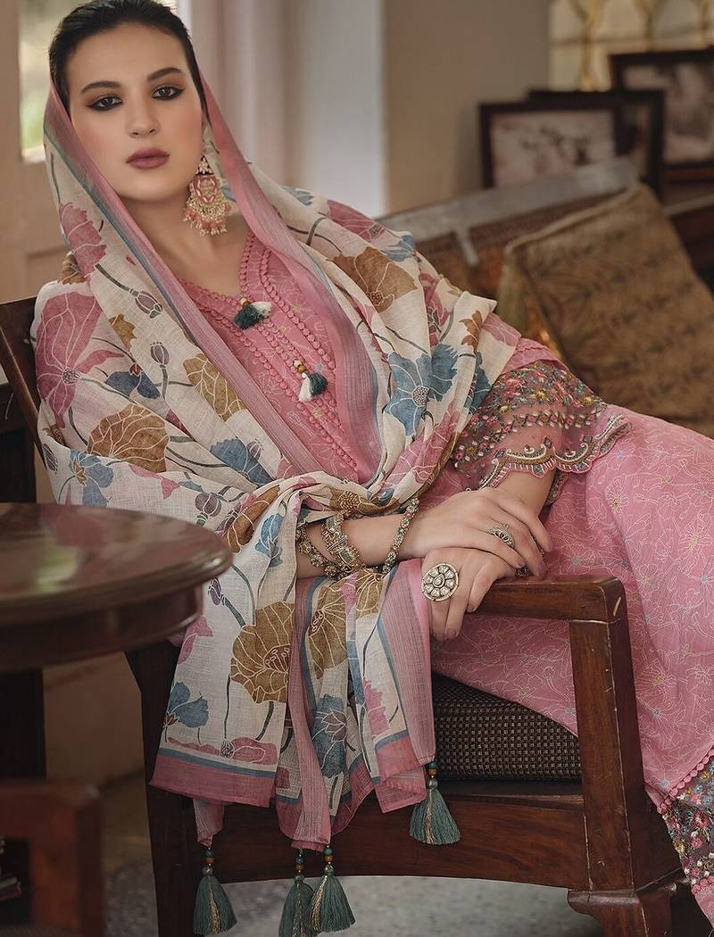 Floral Printed Thread Work Linen Kurta Set
