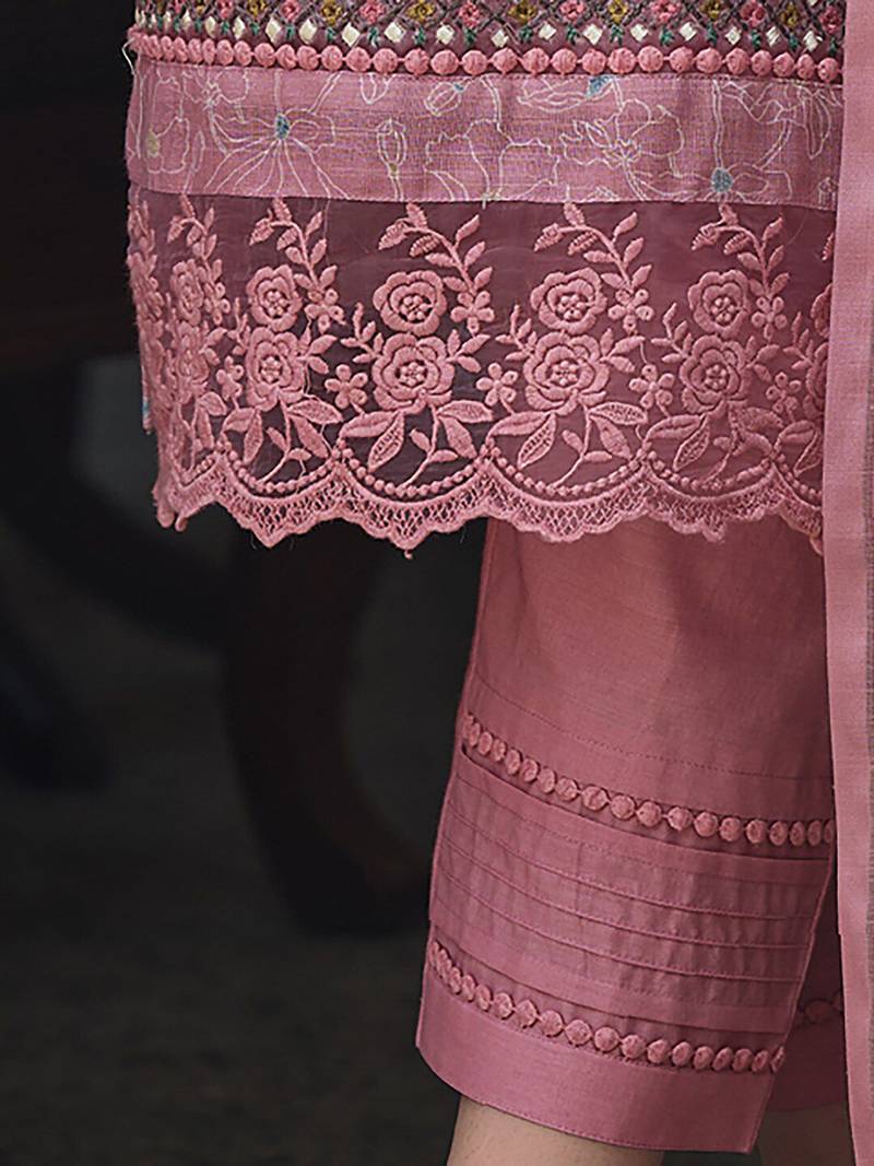 Floral Printed Thread Work Linen Kurta Set