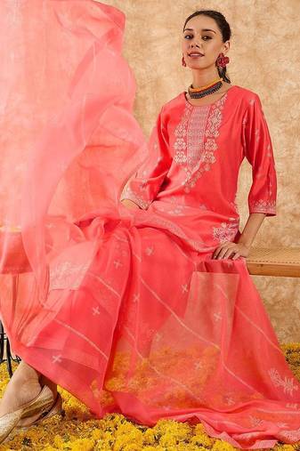 Ethnic Motifs Printed Straight Liva Kurta with Palazzos & Dupatta