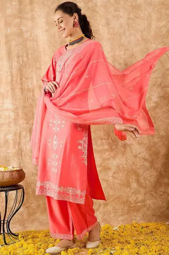 Ethnic Motifs Printed Straight Liva Kurta with Palazzos & Dupatta