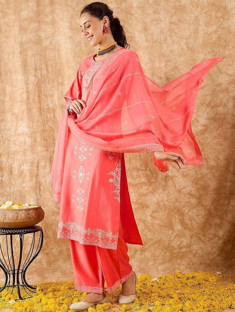Ethnic Motifs Printed Straight Liva Kurta with Palazzos & Dupatta