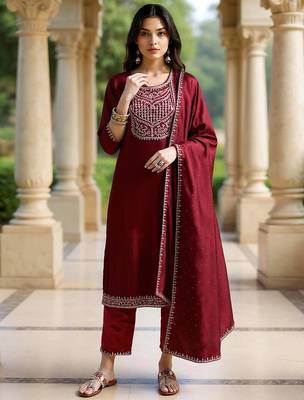 Ethnic Motifs Embroidered Sequinned Straight Kurta with Trousers & With Dupatta 1