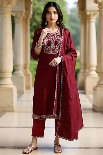 Ethnic Motifs Embroidered Sequinned Straight Kurta with Trousers & With Dupatta
