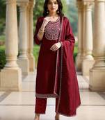 Ethnic Motifs Embroidered Sequinned Straight Kurta with Trousers & With Dupatta