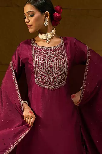 Ethnic Motifs Embroidered Sequinned Straight Kurta with Trousers & With Dupatta