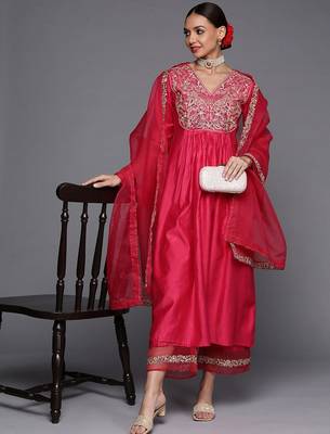 Ethnic Motifs Yoke Design A-Line Sequined Kurta with Palazzos & Dupatta 1