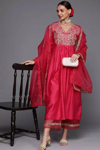 Ethnic Motifs Yoke Design A-Line Sequined Kurta with Palazzos & Dupatta