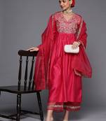 Ethnic Motifs Yoke Design A-Line Sequined Kurta with Palazzos & Dupatta