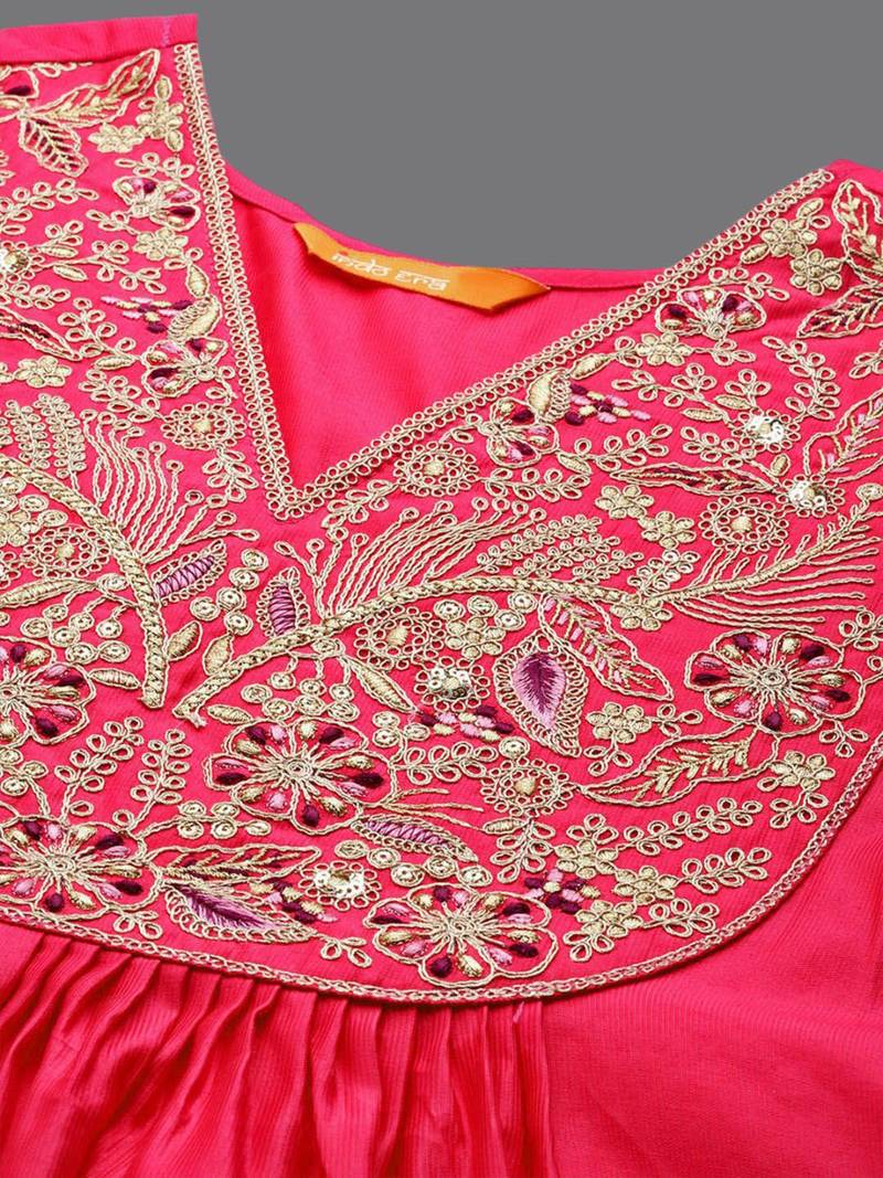 Ethnic Motifs Yoke Design A-Line Sequined Kurta with Palazzos & Dupatta