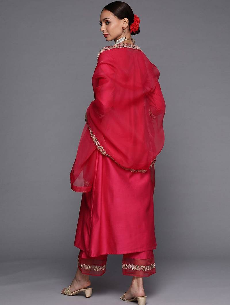 Ethnic Motifs Yoke Design A-Line Sequined Kurta with Palazzos & Dupatta