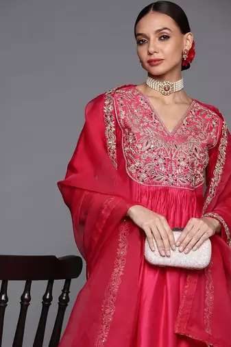 Ethnic Motifs Yoke Design A-Line Sequined Kurta with Palazzos & Dupatta