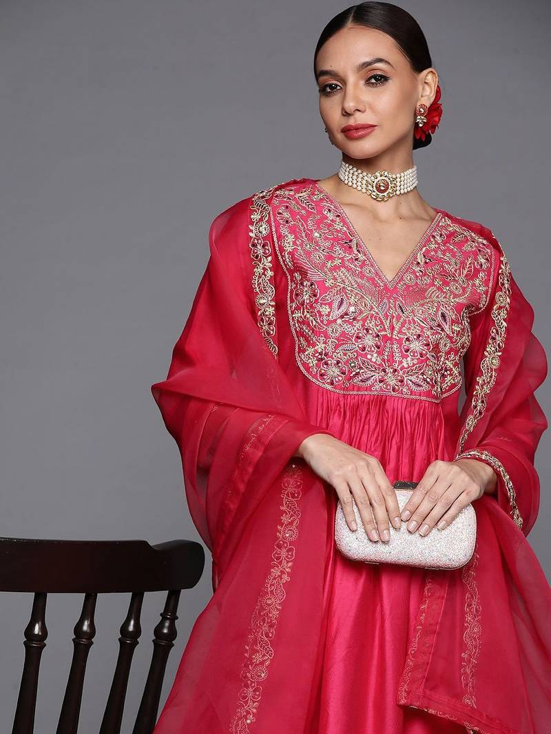 Ethnic Motifs Yoke Design A-Line Sequined Kurta with Palazzos & Dupatta
