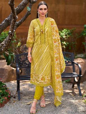 Mustard Leheriya Printed Thread Work Pure Cotton Kurta with Trousers & Dupatta 1