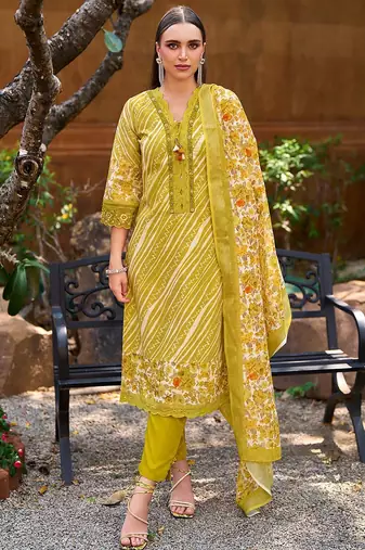 Mustard Leheriya Printed Thread Work Pure Cotton Kurta with Trousers & Dupatta