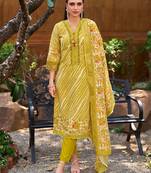 Mustard Leheriya Printed Thread Work Pure Cotton Kurta with Trousers & Dupatta