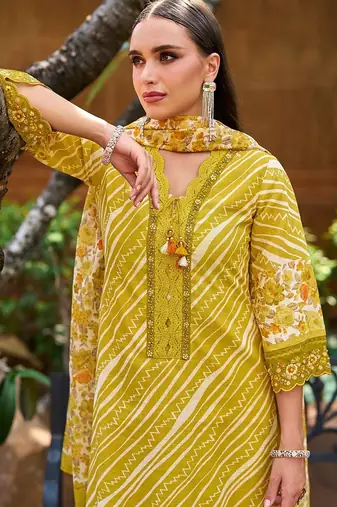 Mustard Leheriya Printed Thread Work Pure Cotton Kurta with Trousers & Dupatta