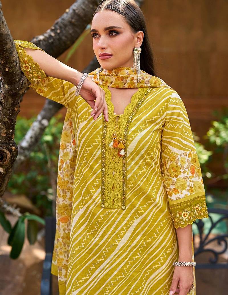 Mustard Leheriya Printed Thread Work Pure Cotton Kurta with Trousers & Dupatta