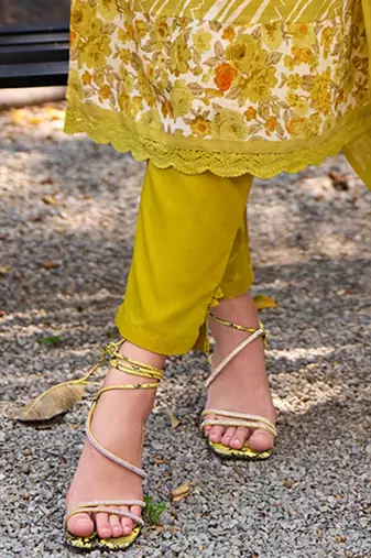 Mustard Leheriya Printed Thread Work Pure Cotton Kurta with Trousers & Dupatta