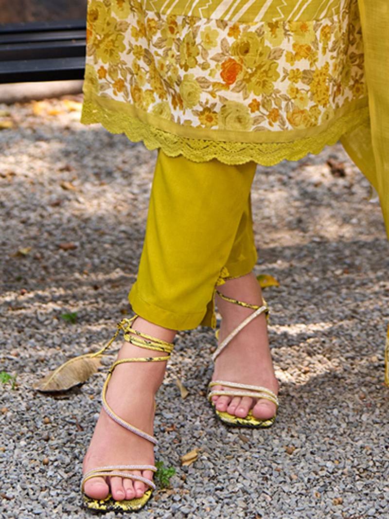 Mustard Leheriya Printed Thread Work Pure Cotton Kurta with Trousers & Dupatta
