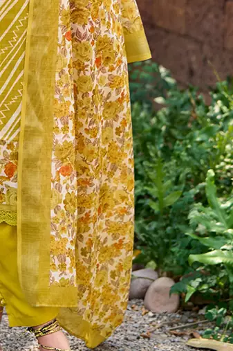 Mustard Leheriya Printed Thread Work Pure Cotton Kurta with Trousers & Dupatta