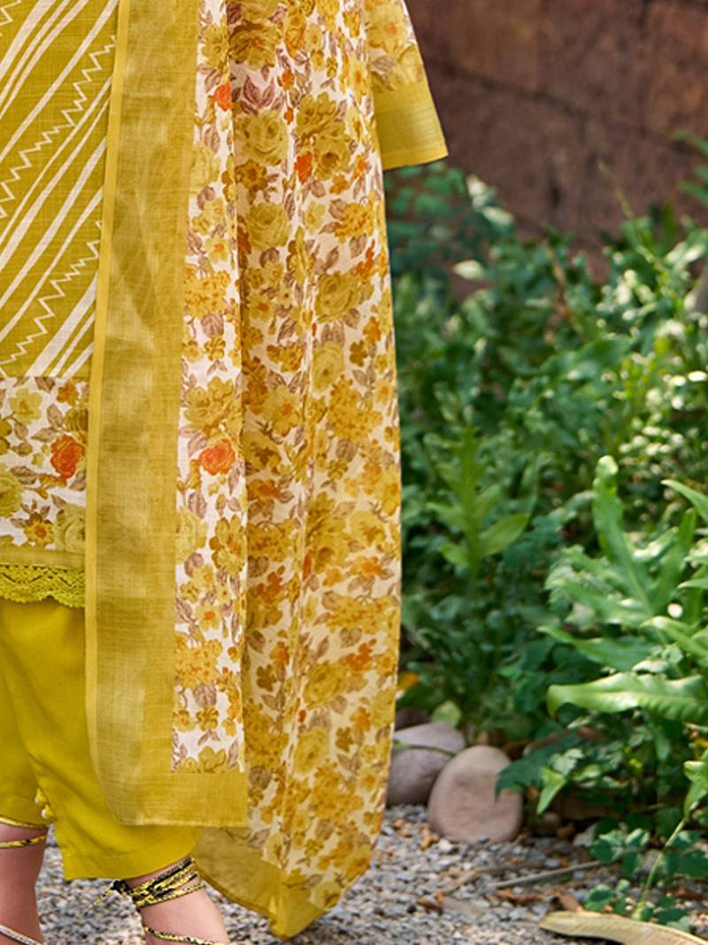 Mustard Leheriya Printed Thread Work Pure Cotton Kurta with Trousers & Dupatta