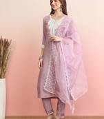 Floral Embroidered Round Neck Thread Work Straight Kurta with Trousers & Dupatta