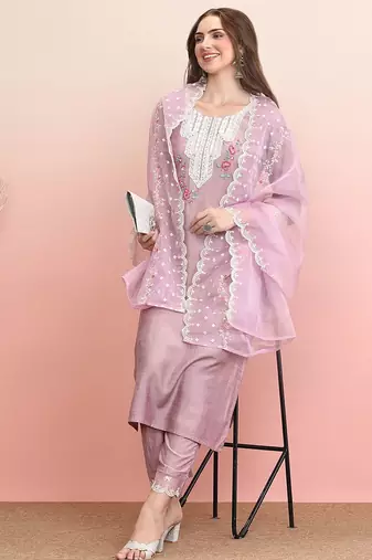 Floral Embroidered Round Neck Thread Work Straight Kurta with Trousers & Dupatta