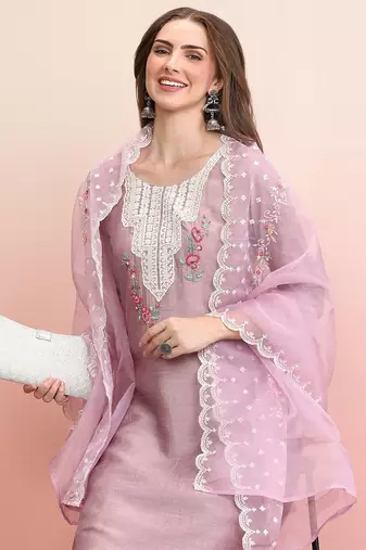 Floral Embroidered Round Neck Thread Work Straight Kurta with Trousers & Dupatta