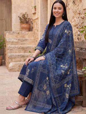 Women Ethnic Motifs Printed Empire Thread Work Pure Cotton Kurta with Trousers & With Dupatta 1