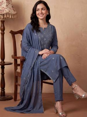 Women Ethnic Motifs Embroidered Regular Mirror Work Pure Cotton Kurta with Trousers & With Dupatta 1
